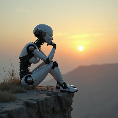 A lonely robotic woman, sitting, with the face close to the knees, watches and admires the sunset from a cliff.