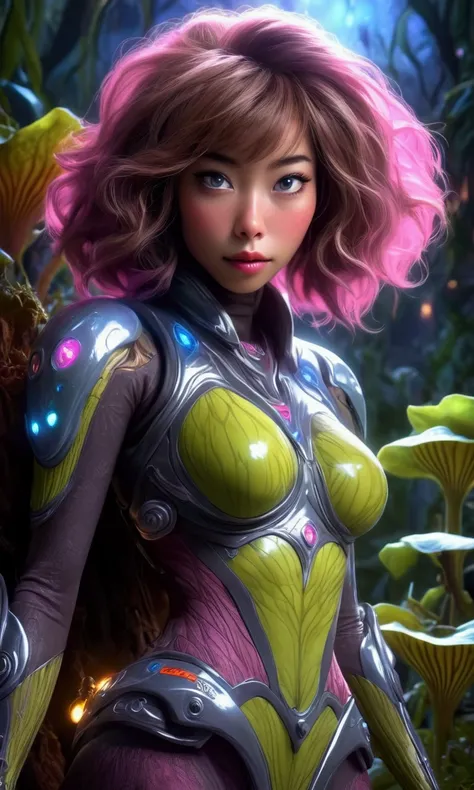 cute yuna, 1girl, detailed eyes, detailed lips, extremely detailed face, long eyelashes, sexy space adventurer outfit, lots of blinking lights, sword with chainsaw blade, dangerous alien forest, night, reaching rocket ship, cinematic lighting, 8k, high qua...