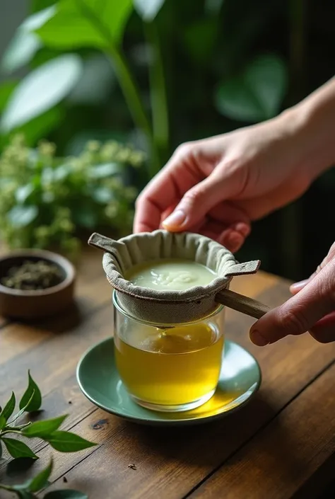 FILTERING TEAS OF SOURSOP LEAVES ON A TABLE