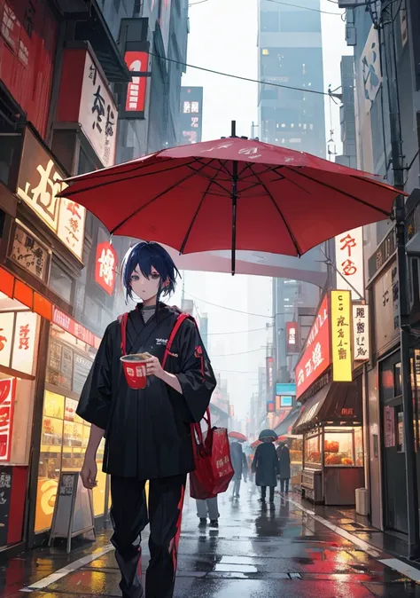 /imagine prompt: Viral anime nature wallpaper in 4K quality, in the style of digital illustration inspired by Yoshitaka Amano, Futuristic cyberpunk tokyo, its midnight in a rainy say, the city us crowded, people are using umbrelas to protect from rain, man...