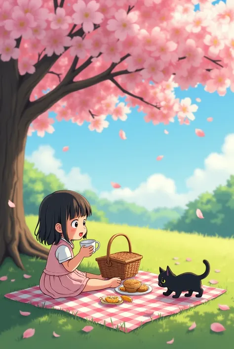 ジブリ風、A springtime scene under a cherry blossom tree in full bloom. A cute girl in a pastel-colored dress sits on a checkered picnic blanket, surrounded by snacks and a small basket. A black kitten playfully bats at the falling pink petals while exploring t...