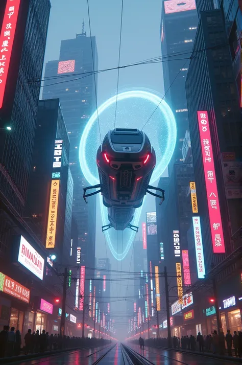 Suspension train emerging from a portal to another dimension in a very cyberpunk Tokyo cityscape with neon signs