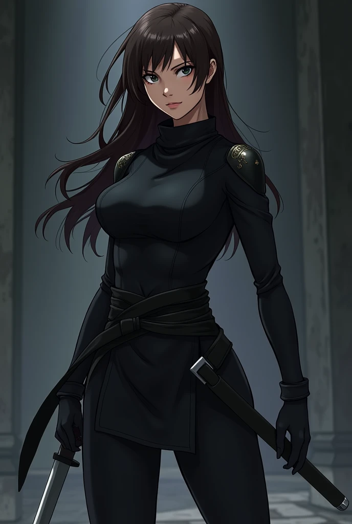 Physically attractive 1 woman with long dark brown hair, black eyes, wearing a black ninja costume. anime style