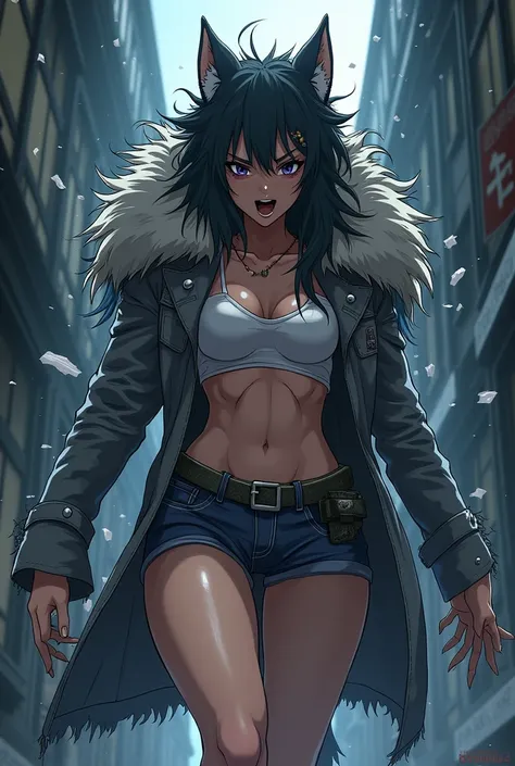 A 20 year old werewolf woman completes her transformation with her clothes tearing and body parts growing like an anime expert 