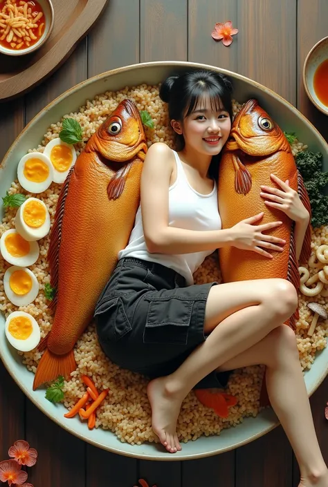 
A real scene where there is a beautiful Korean woman,smooth white skin,Korean style hair bun with bangs , cargo pants, black knee length shorts with lots of pockets,pose lying on side smiling,eyes looking at the camera ,is in a plate of fried rice  ..lyin...