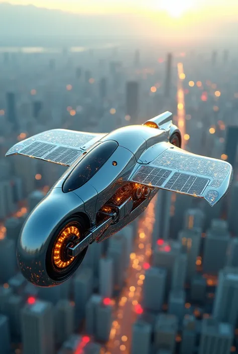 Solar-Powered Flying Motorcycle: A solar-powered motorcycle with transparent wings, featuring a minimalistic body made from polished metal and glowing circuits, soaring above a bustling metropolis.8k