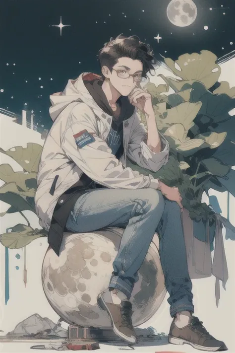 Man in his 20s, sitting in a pensive position, red and black bicolor frame glasses, olive skin, slim build, wearing a dark blue geek style hooded jacket and black STRAIGHT jeans, short black hair, turned up nose, drooping eyes, is sitting on the moon, and ...