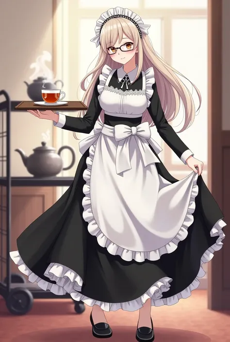 The character presented is a maid with an elegant and detailed design.. Here are the main elements of its appearance:

1. **Hair**: she has long wavy hair, in a light tone, which is partially held in place by a white tiara or sash. A few strands fall softl...