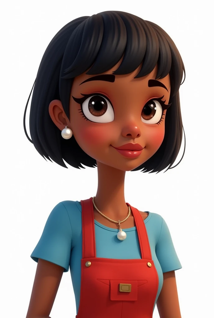 Create a Pixar Disney style cartoon of a black haired woman, mushroom cut with straight bangs edna fashion style, over the shoulders. She wears pearl earrings. brown skin. smile. thin lips. Dark brown Chinese eyes. broad nose. He is wearing a blue shirt wi...