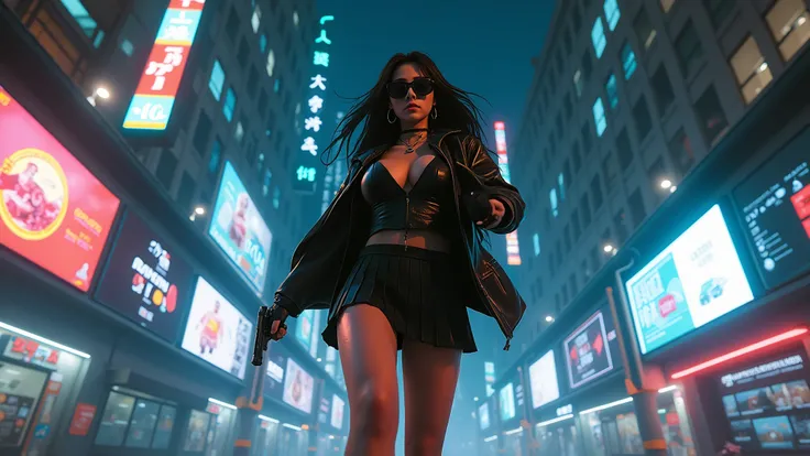 (Wide and low angle view). At night, in cyberpunk 2077 city, aged 20 young girl as Judy Alvarez. futuristic curve-shape digital movie posters art gallery, (Sun Wukong posters), holographic projected movie characters in the air, 1drone. High-resolution OLED...