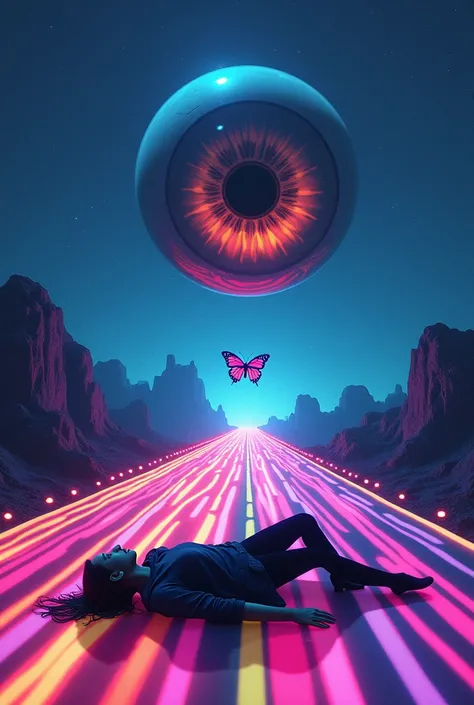 road with psychedelic colored lights around and a person lying on the road and above his head a giant eye with a butterfly passing in front flapping its wings 