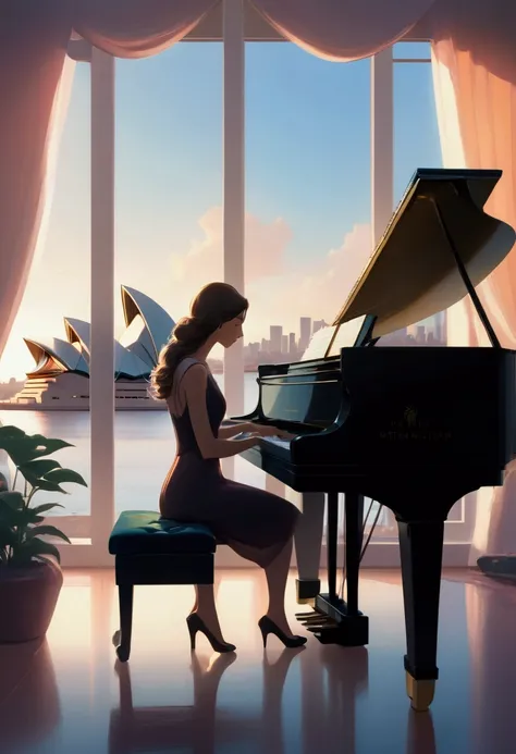 arafed woman playing piano in front of a window with a view of the Sydney opera house, in style of atey ghailan, beautiful digital artwork, beautiful digital illustration, 8k high quality detailed art, realistic art style, pianist, exquisite digital illust...