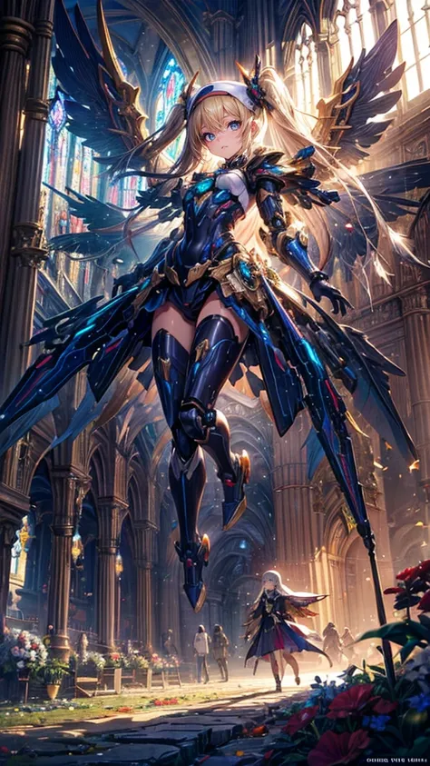 masterpiece,(Best Quality),Very detailed,Very detailed,One nun girl and one giant mechanical angel,(Mechanicalwings:Golden,Glowing Eyes:green,goldenrarmor:1.2,Long, :0.8),,(Inside the Holy Church:1.2,Natural Light:1.5,Confident expression),(Panorama:1.2),M...