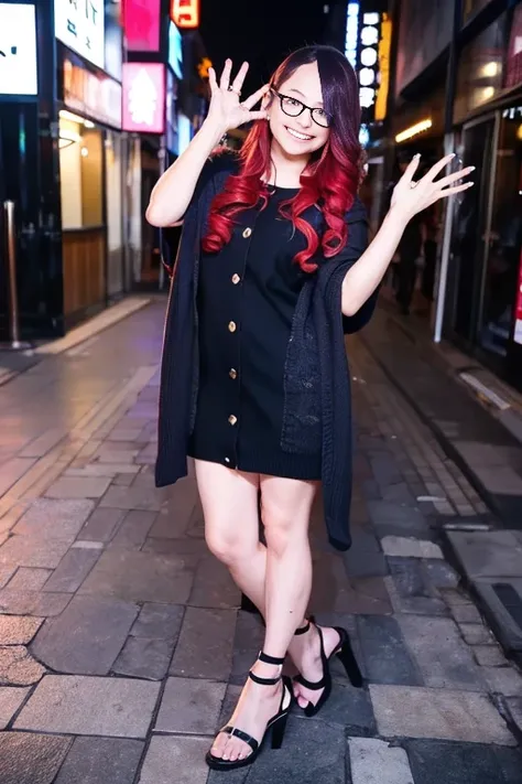 One girl, solo, (Character portrait), Full body portrait, masterpiece, Anatomically correct, cute, Japanese, Age 25, Long black red hair, (Being drunk), (Grin:1.2), Look at, Give a small wave to the audience, Glasses, Wearing a knitted dress under a cardig...