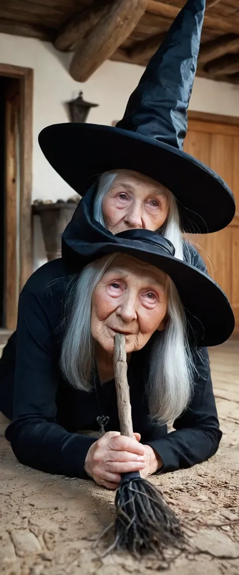 An old woman with a big aquiline nose, the old woman is a witch, an ugly face, a pointy chin, the old woman has a witchs wand, the old woman has a big black witchs hat, inside the witchs house, on the dirt floor, by a big black hearth,