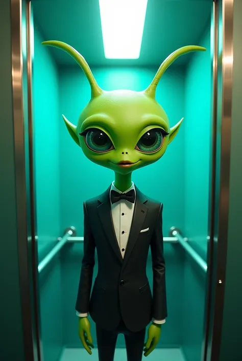 Green Alien in a tuxedo. Alien antennas. In a elevator. Fisheye pfp. Soft blue lighting. Cartoon style 