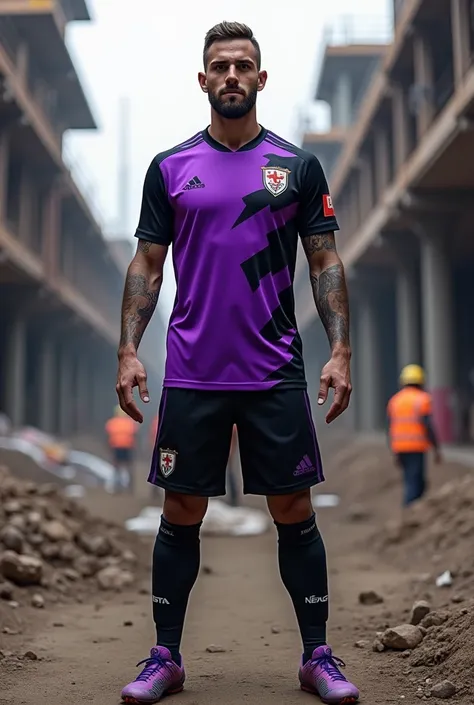 Purple and black soccer jersey on construction