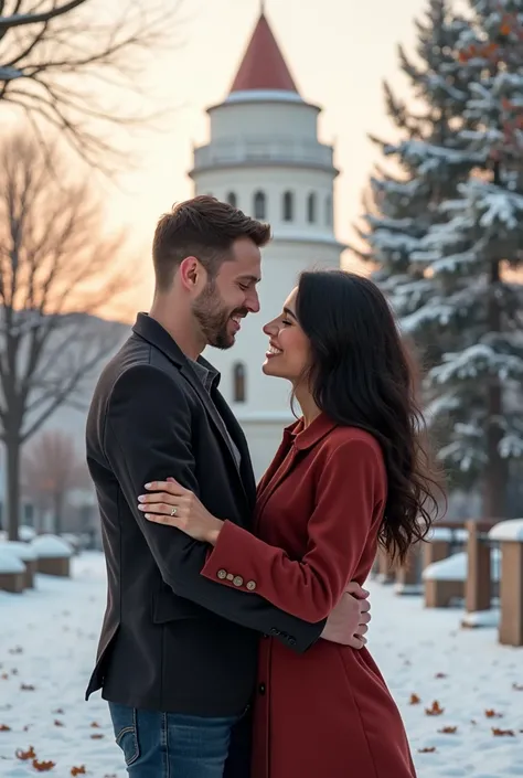 romantic couple, Indonesian couple, man with black hair, woman with long black hair, white tower, Thessaloniki, winter, snow, scattered leaves, professional photography, 8k, detailed, high quality, photorealistic, realistic, beautiful colors, warm lighting...