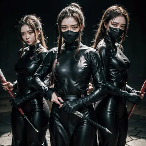 Three ninjas, two men and one woman, stand together in a battle-ready stance. The men are dressed in traditional dark ninja attire, with face masks covering the lower half of their faces, carrying katanas and throwing stars strapped to their belts. Their o...