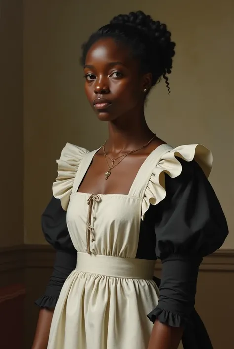 young black woman of the 18th century, tied black hair, simple maid dress