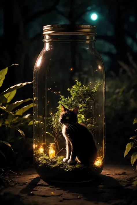 gloomy enchanted forest at night, cat in mason jar glowing with fantastic fireflies, enchanting otherworldly atmosphere, high de...