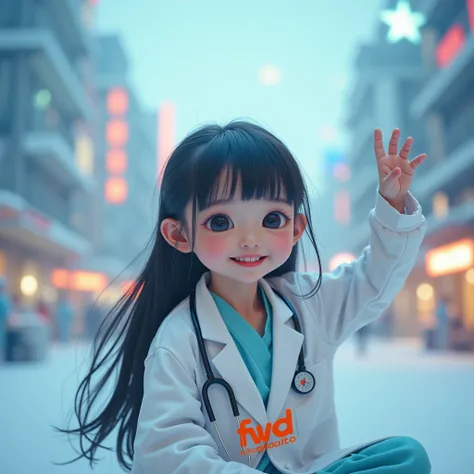 A cinematic photograph, of an Asian child with fair skin and long black hair, in funny poses, wearing a doctors uniform, with an orange logo text "FWD by Todaito". Shes sitting, in the futuristic hospital, in a cityscape, with holographic and light through...