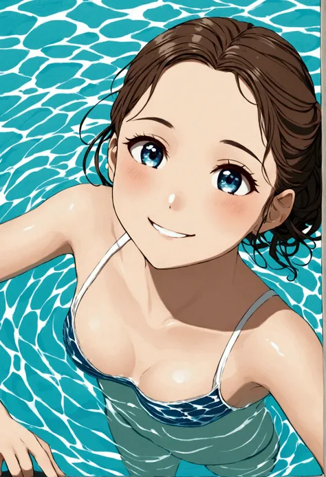 A cutie swimming in the school pool, swimming may, sculptural body, to hide, flushed face, young woman, happy smile.