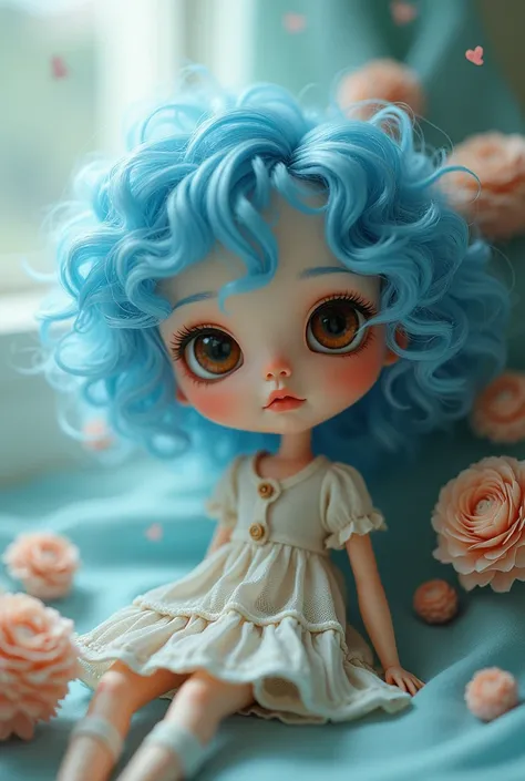 Blythe doll with brown eyes and curly blue hair