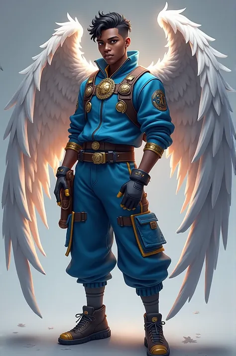 Free Fire Male Gamer Character, black skin tone , dark brown eyes, short black hair, high, closed, blue clothes , angelic pants , Attractive and handsome