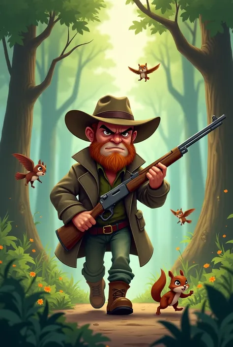 Angry hunter with a gun walking (animated style for children)