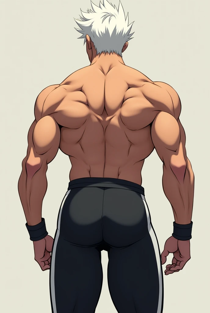 YOU HAVE A HANDSOME MAN, SERIOUS FACE, GOOD BODY, WHITE HAIR, SEEN FROM THE BACK, BLACK PANTS WITH WHITE STRIPES, VERY BIG ANIME BUTT