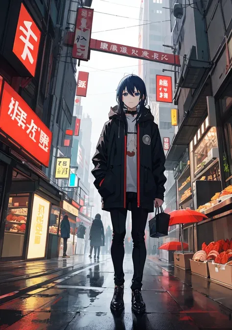 /imagine prompt: Viral anime nature wallpaper in 4K quality, in the style of digital illustration inspired by Yoshitaka Amano, Futuristic cyberpunk tokyo, its midnight in a rainy say, the city us crowded, people are using umbrelas to protect from rain, man...