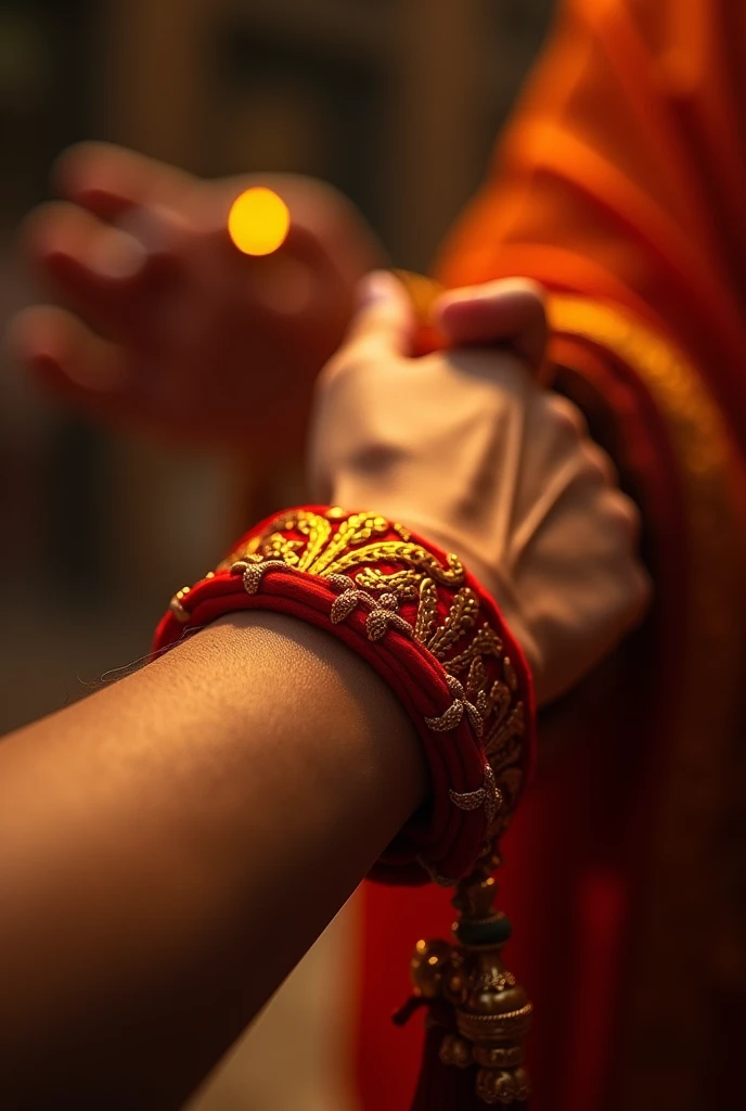 Anant Sutra**:
   - A red and golden thread with 14 knots tied around the wrist of the devotee. It is shown glowing and radiating a sense of divine protection. This image focuses on the close-up of the thread on someones wrist during the vrat ceremony.