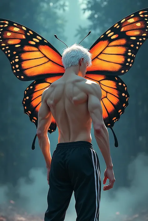 YOU HAVE A HANDSOME MAN SERIOUS FACE GOOD BODY WHITE HAIR SEEN FROM THE BACK BLACK PANTS WITH WHITE STRIPES BIG BUTTERFLY ANIME BUTTERFLY BIG BUTTERFLY