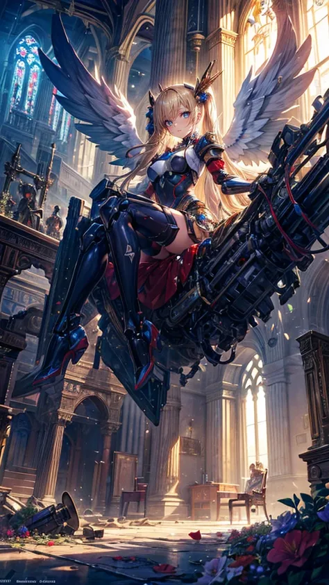 masterpiece,(Best Quality),Very detailed,Very detailed,One girl and one giant robot,(Mechanicalwings:Golden,Glowing Eyes:green,goldenrarmor:1.2,Long, :0.8),,(Inside the Holy Church:1.2,Natural Light:1.5,Confident expression),(Panorama:1.2),Mecha, smile,Mec...