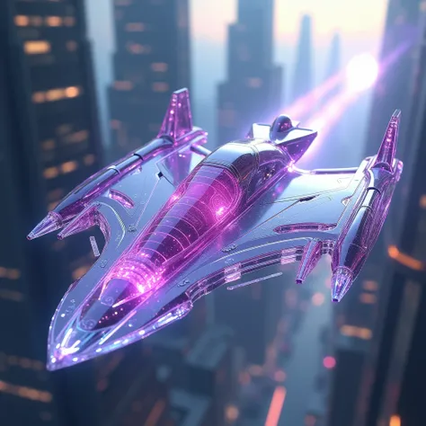 Crystal Jet Racer: A razor-sharp jet-powered racer with a transparent body that reveals a crystalline engine core, reflecting bright shades of violet and pink as it zips through futuristic landscapes.8k