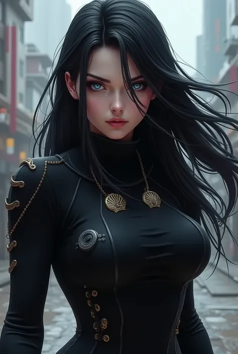 Free Fire style female character with long black hair and light blue eyes with black turtleneck with black shell Style "Morena ff"