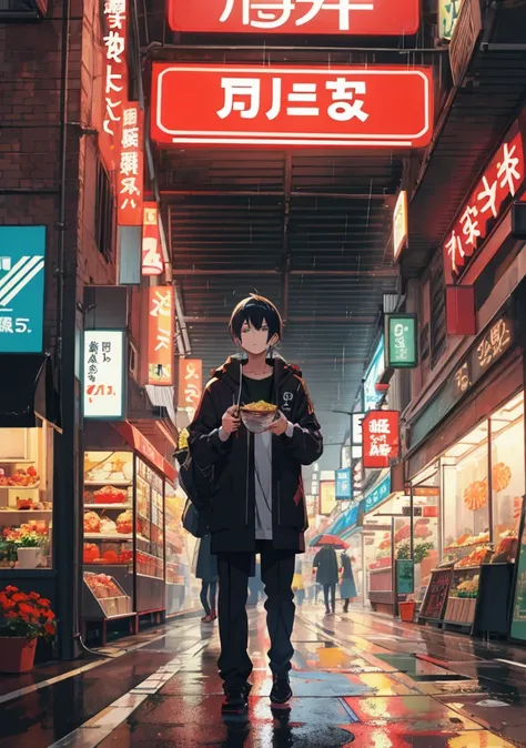 /imagine prompt: Viral anime nature wallpaper in 4K quality, in the style of digital illustration inspired by Yoshitaka Amano, Futuristic cyberpunk tokyo, its midnight in a rainy say, the city us crowded, people are using umbrelas to protect from rain, man...