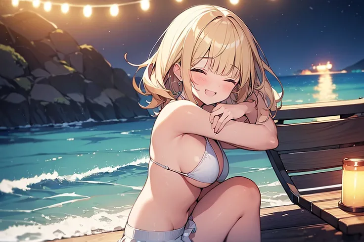 (Masterpiece, Top quality:1.5), nsfw, (at night:1.5), (1 beautiful girl, solo:1.2), sitting on deckchair, (object hug:1.2), (short height:1.3), (bikini:1.3), Blonde hair:1.1, medium Hair, wavy Hair, blunt bangs, silky hair ,large breasts:1.3, smile:1.3, bl...