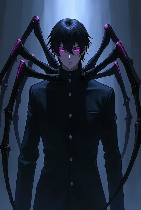 
Create an anime style image of a full body human male with intense purple eyes and black hair. in back, he must have six spider legs, each with two elegant folds. The human must express a sense of power and mystery, with a dark background that highlights ...