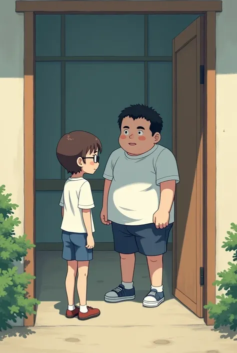 A short-haired woman with glasses looks at a chubby man walking out of a door. Japanese anime.