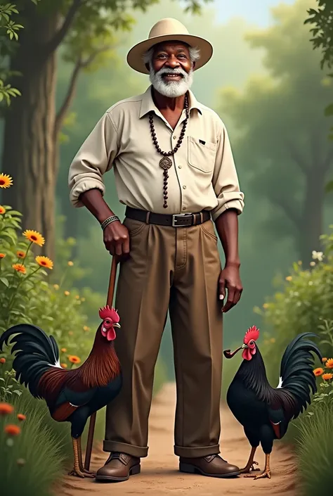 Tall, large elderly black man smiling happily, 90 year old man, pipe in mouth, white hat on head, white shirt, rosary around the neck, Brown pants, walking stick, dirt floor, a black rooster on the side, medicinal herbs background 