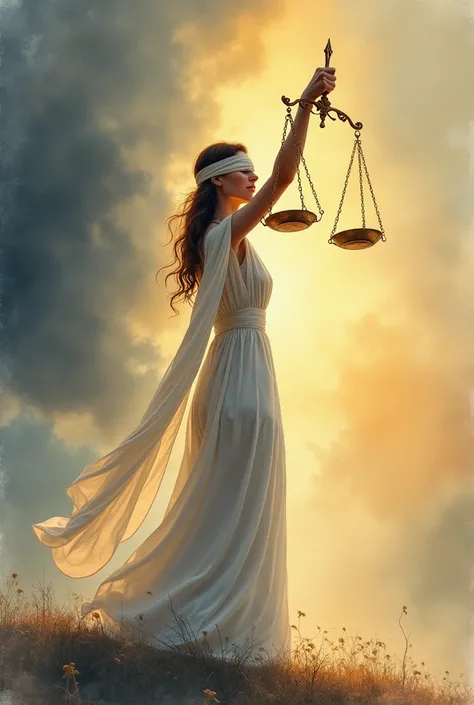 A watercolor-type image of a woman on a book carrying a scale of justice with her eyes covered, dressed in a white dress, In the background there is a slightly dark sky that contrasts with the golden light of the center 