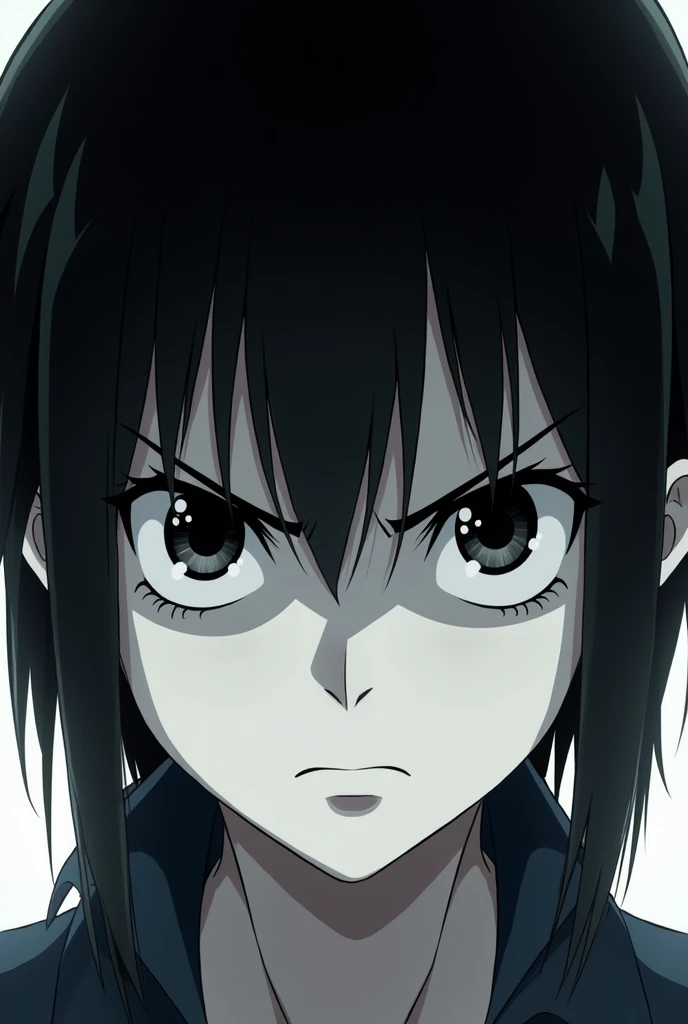 White boy with black eyes and black hair and straight black hair, with a mean look, anime version