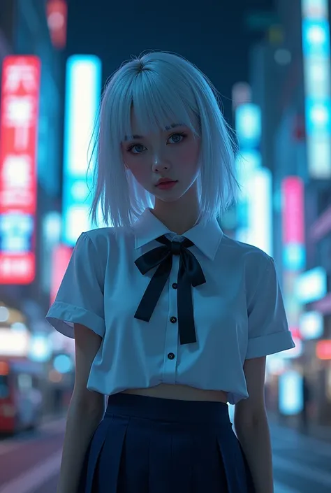 An Award Winning Masterpiece, High Quality, RAW photo(8k, RAW photo, masterpiece:1.3), (realistic, photo-realistic:1.37), (night), (looking at viewer:1.331), (white hair), posing, Tokyo street, night cityscape, cyberpunk city, soft light, 1girl, extremely ...