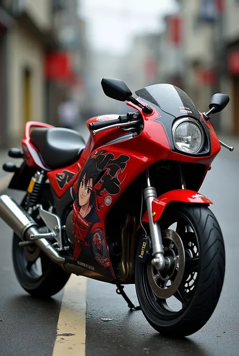 Yamaha rx 100 bike lunch in  1998 model with Itachi uchiha a anime character modification on petrol tank side view in read and black colour 