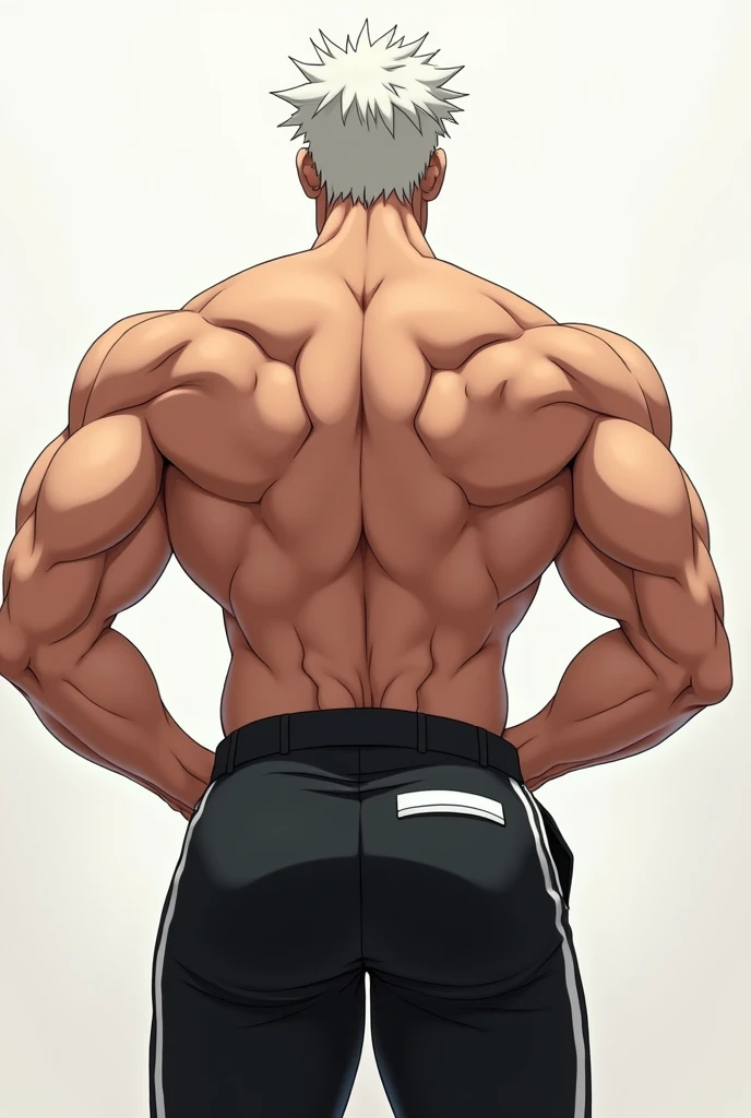 YOU HAVE A HANDSOME MAN SERIOUS FACE GOOD BODY WHITE HAIR SEEN FROM THE BACK BLACK PANTS WITH WHITE STRIPES BIG BUTT ANIME MAN BIG BUTT MAN WITH BIG BUT VERY BIG AND DEFINED