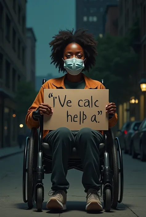 A very beautiful and disabled black trans woman in a wheelchair with a mask asks for help with a sign
