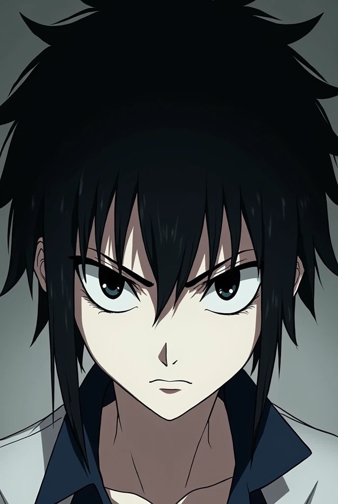 White boy with black eyes and black hair and straight black hair, with a mean look, anime version