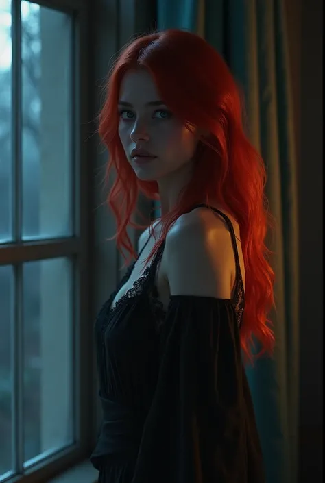 Woman with red hair, that is looking towards a window and that its presence is not noticed(let it be at night)